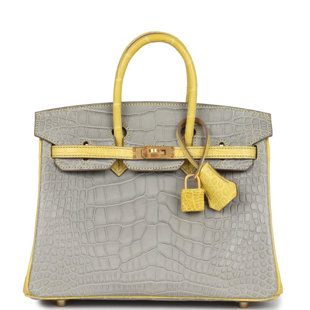 Hermès HSS Birkin 25 Gris Perle & Mimosa Alligator Bag 1 Hermès Special Order (HSS) Birkin 25 Gris Perle and Mimosa Matte Alligator Brushed Gold Hardware