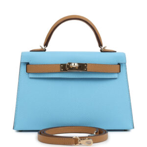 Hermès Special Order (HSS) Kelly Sellier 20 Bleu Celeste and Biscuit Epsom Permabrass Hardware