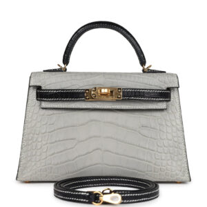 Hermès Special Order (HSS) Kelly Sellier 20 Gris Perle and Black Matte Alligator Gold Hardware
