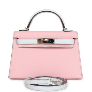 Hermès Special Order (HSS) Kelly Sellier 20 Rose Sakura and Bleu Brume Chevre Palladium Hardware