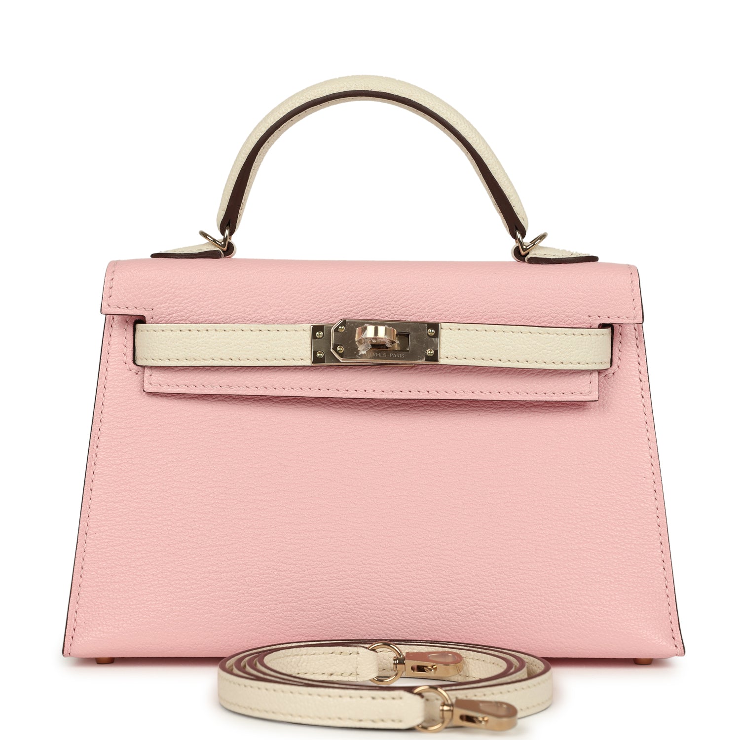 Hermès HSS Mini kelly Rose Sakura/Nata Chevre Mysore Bag 1 Hermès Special Order (HSS) Kelly Sellier 20 Rose Sakura and Nata Chevre Mysore Permabrass Hardware