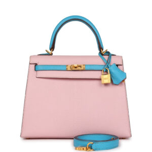 Hermès Special Order (HSS) Kelly Sellier 25 Rose Sakura and Bleu Aztec Chevre Brushed Gold Hardware