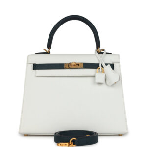 Hermès Special Order (HSS) Kelly Sellier 25 White and Vert Cypress Epsom Brushed Gold Hardware