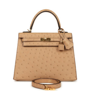 Pre-owned Hermès Kelly Sellier 25 Chai Ostrich Gold Hardware