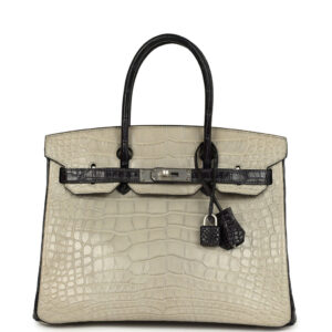 Pre-owned Hermès Special Order (HSS) Birkin 30 Gris Perle and Prunoir Matte Alligator Brushed Palladium Hardware