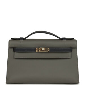 Pre-owned Hermès Special Order (HSS) Kelly Pochette Gris Meyer and Caban Swift Permabrass Hardware