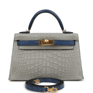 Pre-owned Hermès Special Order (HSS) Kelly Sellier 20 Gris Perle and Bleu de Malte Matte Alligator Gold Hardware