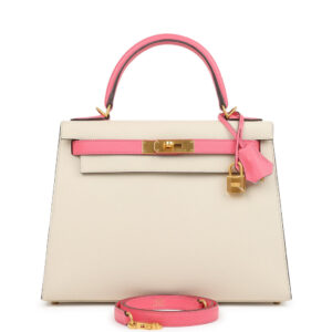 Pre-owned Hermès Special Order (HSS) Kelly Sellier 28 Craie and Rose Azalee Epsom Brushed Gold Hardware