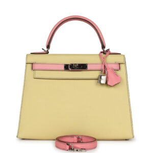 Pre-owned Hermès Special Order (HSS) Kelly Sellier 28 Rose Confetti and Jaune Poussin Epsom Palladium Hardware