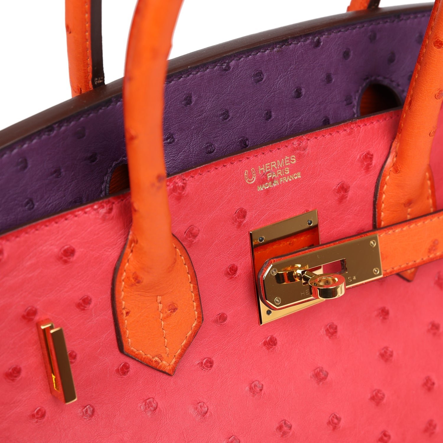 Pre-owned Hermes Special Order (HSS) Birkin 30 Tangerine, Violet, Bougainvillea Ostrich Gold Hardware - view 7