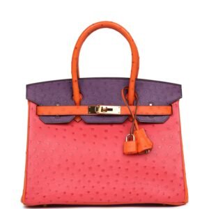 Pre-owned Hermes Special Order (HSS) Birkin 30 Tangerine, Violet, Bougainvillea Ostrich Gold Hardware