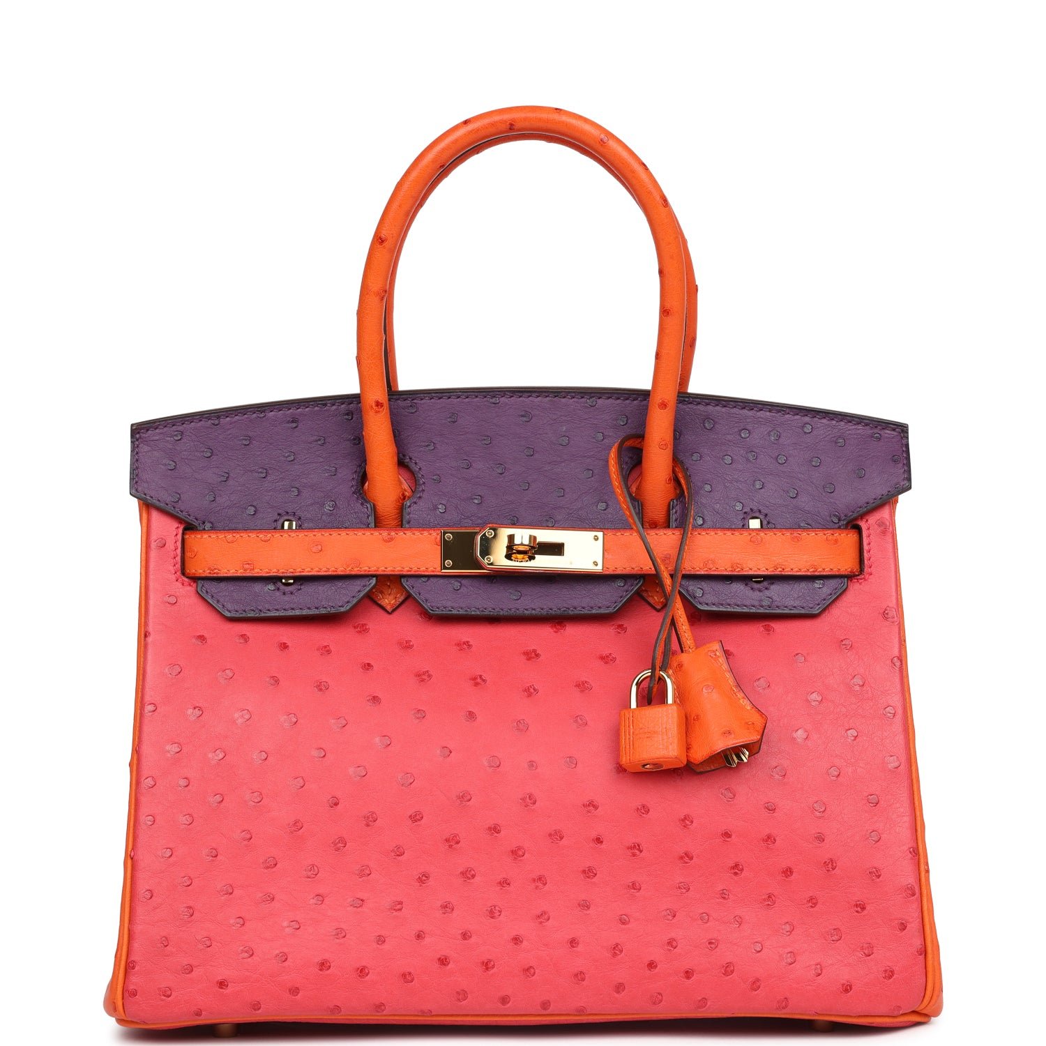 Pre-owned Hermes Special Order (HSS) Birkin 30 Tangerine, Violet, Bougainvillea Ostrich Gold Hardware