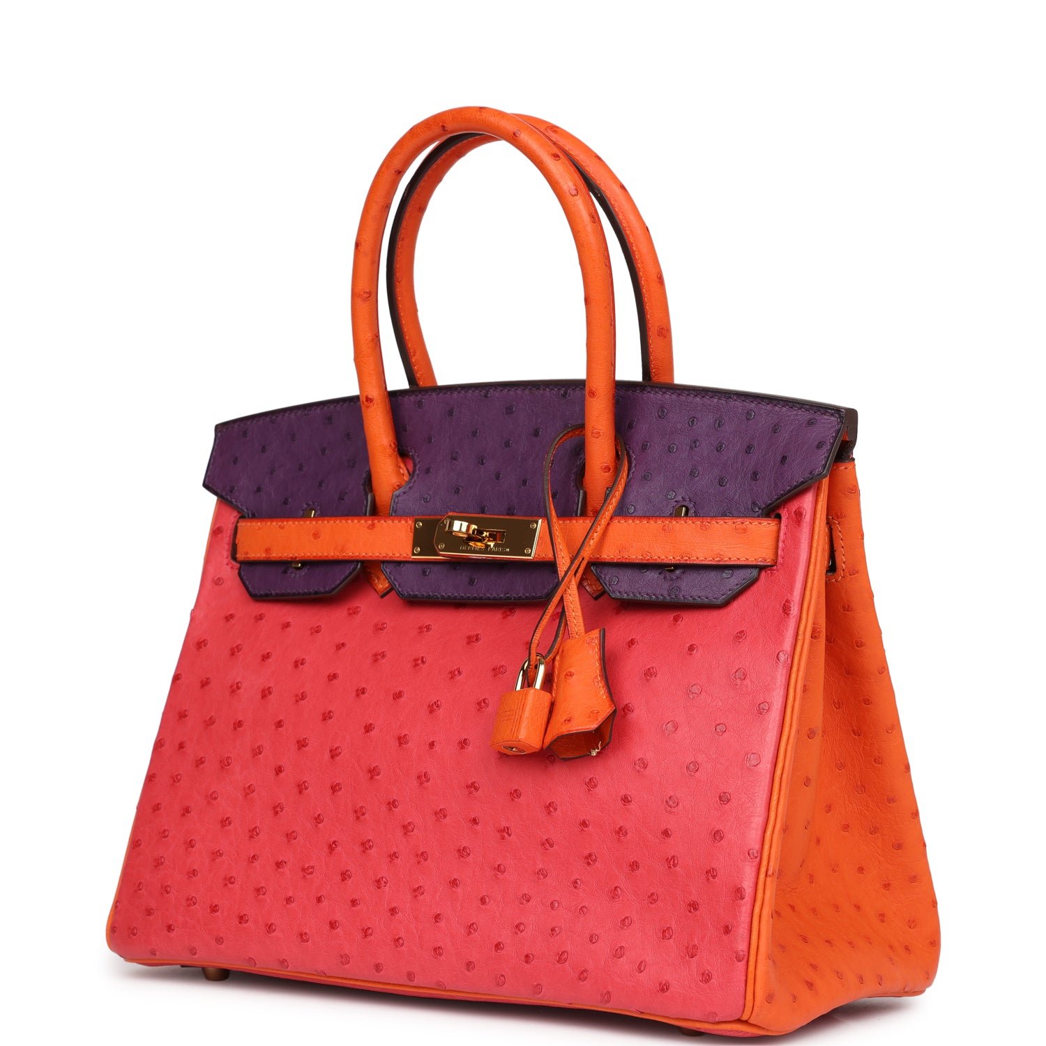 Pre-owned Hermes Special Order (HSS) Birkin 30 Tangerine, Violet, Bougainvillea Ostrich Gold Hardware - view 5