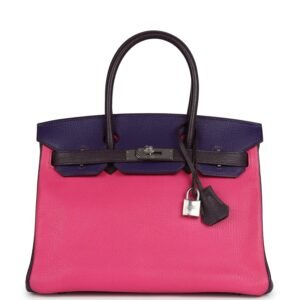 Pre-owned Hermes Special Order (HSS) Birkin 30 Tri-color Rose Shocking, Raisin, Ultraviolet Chevre Palladium Hardware