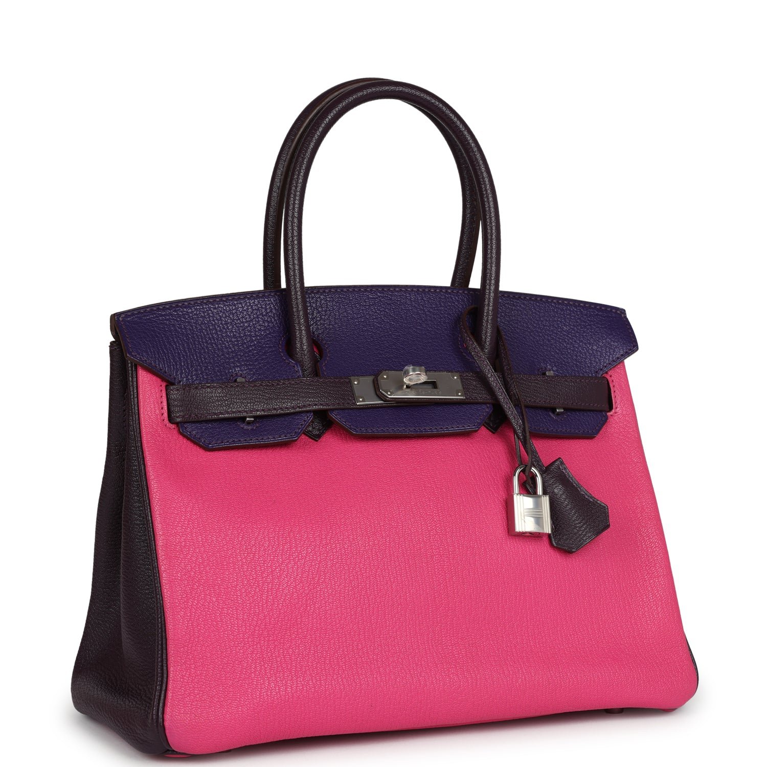Pre-owned Hermes Special Order (HSS) Birkin 30 Tri-color Rose Shocking, Raisin, Ultraviolet Chevre Palladium Hardware - view 2