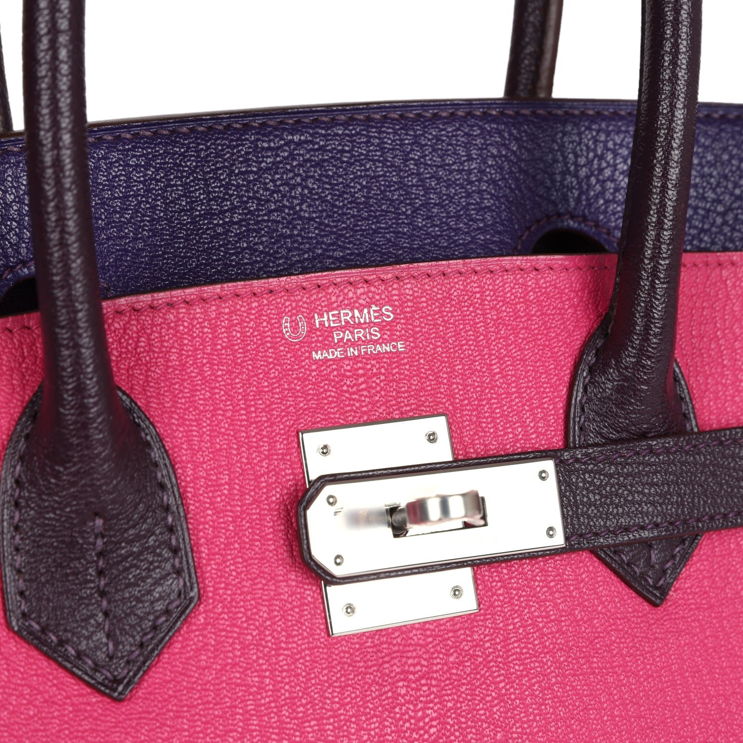 Pre-owned Hermes Special Order (HSS) Birkin 30 Tri-color Rose Shocking, Raisin, Ultraviolet Chevre Palladium Hardware - view 7