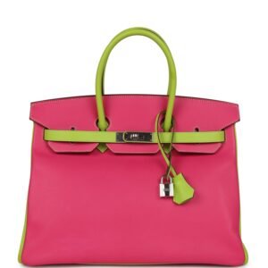 Pre-owned Hermes Special Order (HSS) Birkin 35 Rose Tyrien, Kiwi Epsom Palladium Hardware