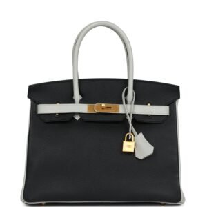 Pre-owned Hermes Special Order (HSS) Birkin 30 Black, Gris Perle Chevre Mysore Brushed Gold Hardware
