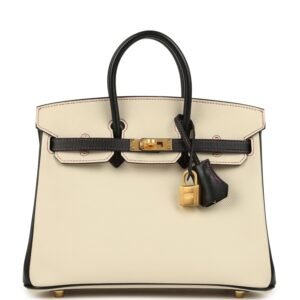 Pre-owned Hermes Special Order (HSS) Birkin 25 Craie, Black Epsom Brushed Gold Hardware