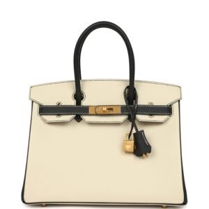 Hermes Special Order (HSS) Birkin 30 Craie, Black Epsom Brushed Gold Hardware
