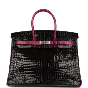 Pre-owned Hermes Special Order (HSS) Birkin 35 Rose Pourpre, Black Shiny Porosus Crocodile Palladium Hardware