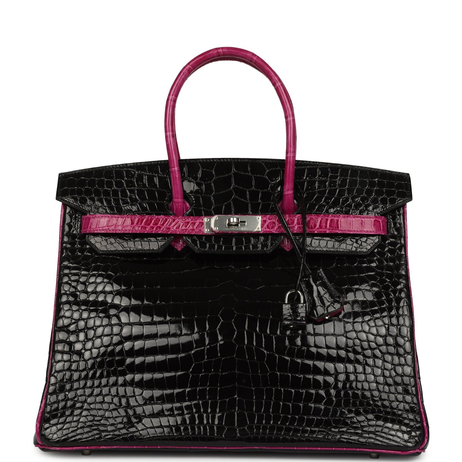 Pre-owned Hermes Special Order (HSS) Birkin 35 Rose Pourpre, Black Shiny Porosus Crocodile Palladium Hardware