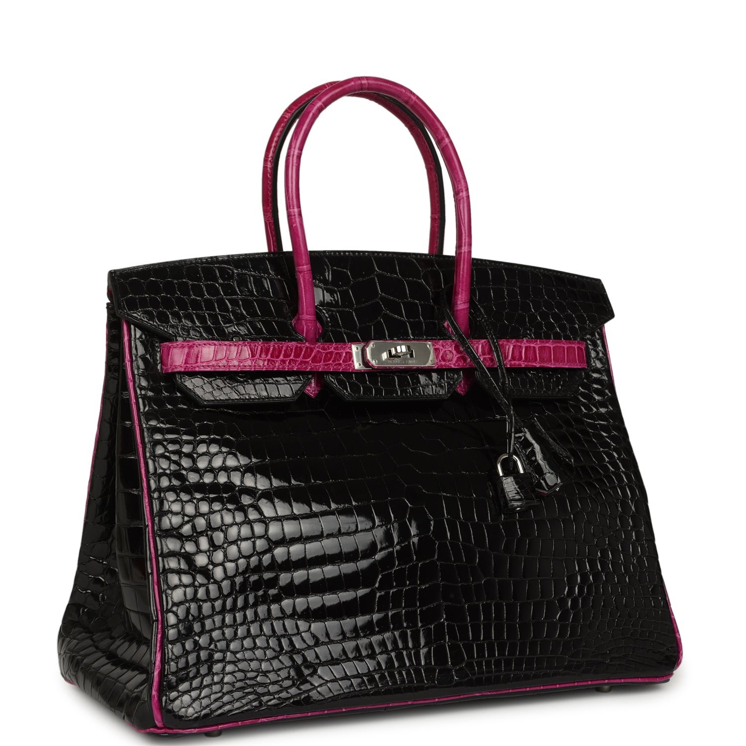 Pre-owned Hermes Special Order (HSS) Birkin 35 Rose Pourpre, Black Shiny Porosus Crocodile Palladium Hardware - view 2