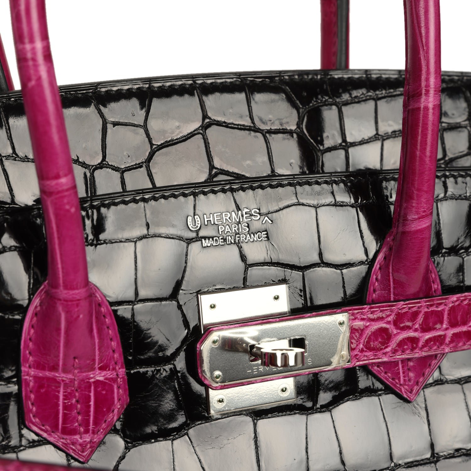 Pre-owned Hermes Special Order (HSS) Birkin 35 Rose Pourpre, Black Shiny Porosus Crocodile Palladium Hardware - view 7
