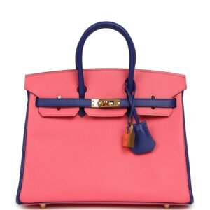 Pre-owned Hermes Special Order (HSS) Birkin 25 Rose Azalee, Bleu Electric Epsom Gold Hardware
