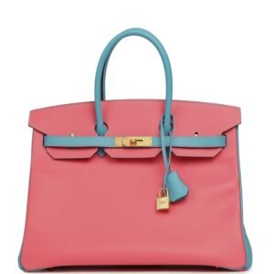Pre-owned Hermes Special Order (HSS) Birkin 35 Rose Lipstick, Bleu Du Nord Epsom Brushed Gold Hardware