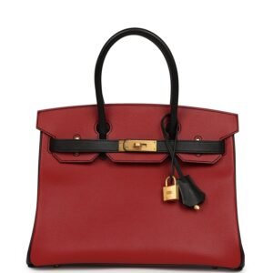 Pre-owned Hermes Special Order (HSS) Birkin 30 Rouge Vif, Black Epsom Brushed Gold Hardware