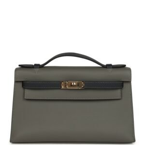 Pre-owned Hermes Special Order (HSS) Kelly Pochette Gris Meyer, Caban Swift Permabrass Hardware
