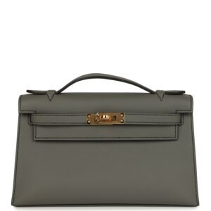 Hermes Special Order (HSS) Kelly Pochette Gris Meyer Verso Swift Gold Hardware
