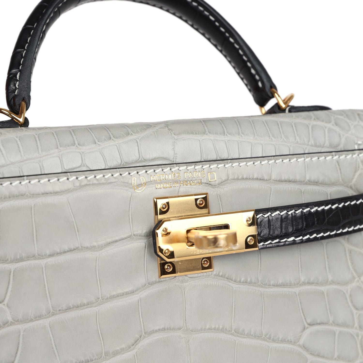 Hermes Special Order (HSS) Kelly Sellier 20 Gris Perle, Black Matte Alligator Gold Hardware - view 7