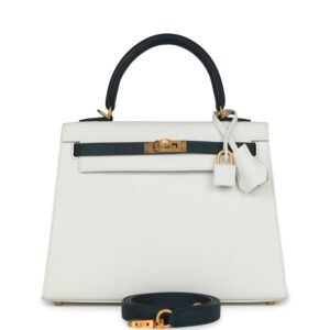 Hermes Special Order (HSS) Kelly Sellier 25 White, Vert Cypress Epsom Brushed Gold Hardware