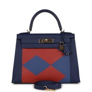 Pre-owned Hermes Special Order (HSS) Kellygraphie Kelly Sellier 28 "Lettre B" Bleu Nuit Epsom Permabrass Hardware