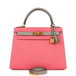 Pre-owned Hermes Special Order (HSS) Kelly Sellier 28 Rose Azalee, Gris Mouette Epsom Brushed Gold Hardware