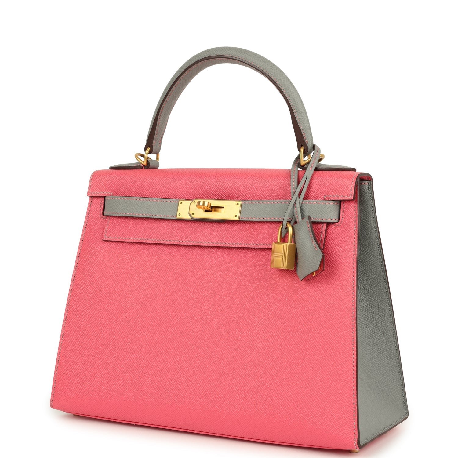 Pre-owned Hermes Special Order (HSS) Kelly Sellier 28 Rose Azalee, Gris Mouette Epsom Brushed Gold Hardware - view 5