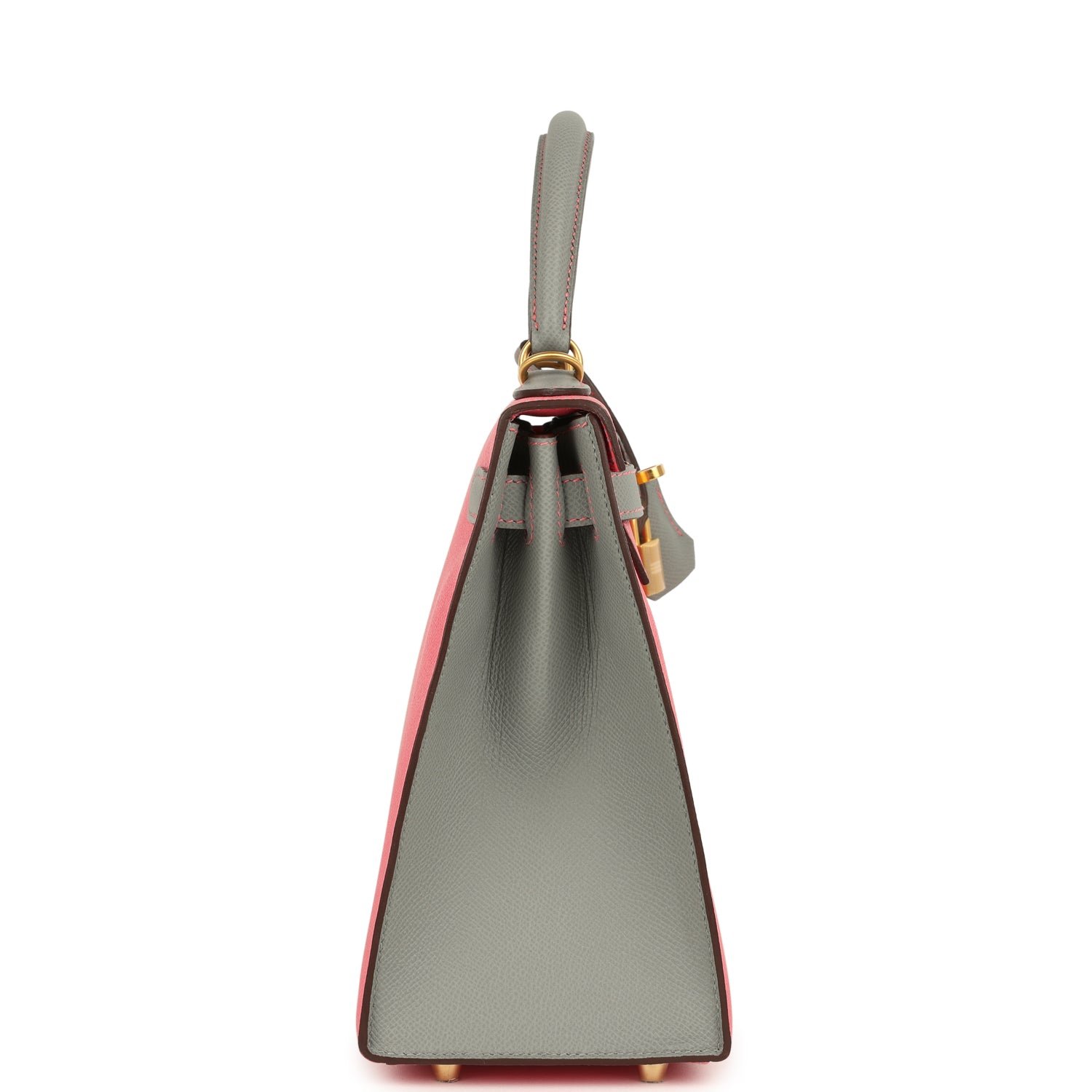 Pre-owned Hermes Special Order (HSS) Kelly Sellier 28 Rose Azalee, Gris Mouette Epsom Brushed Gold Hardware - view 3