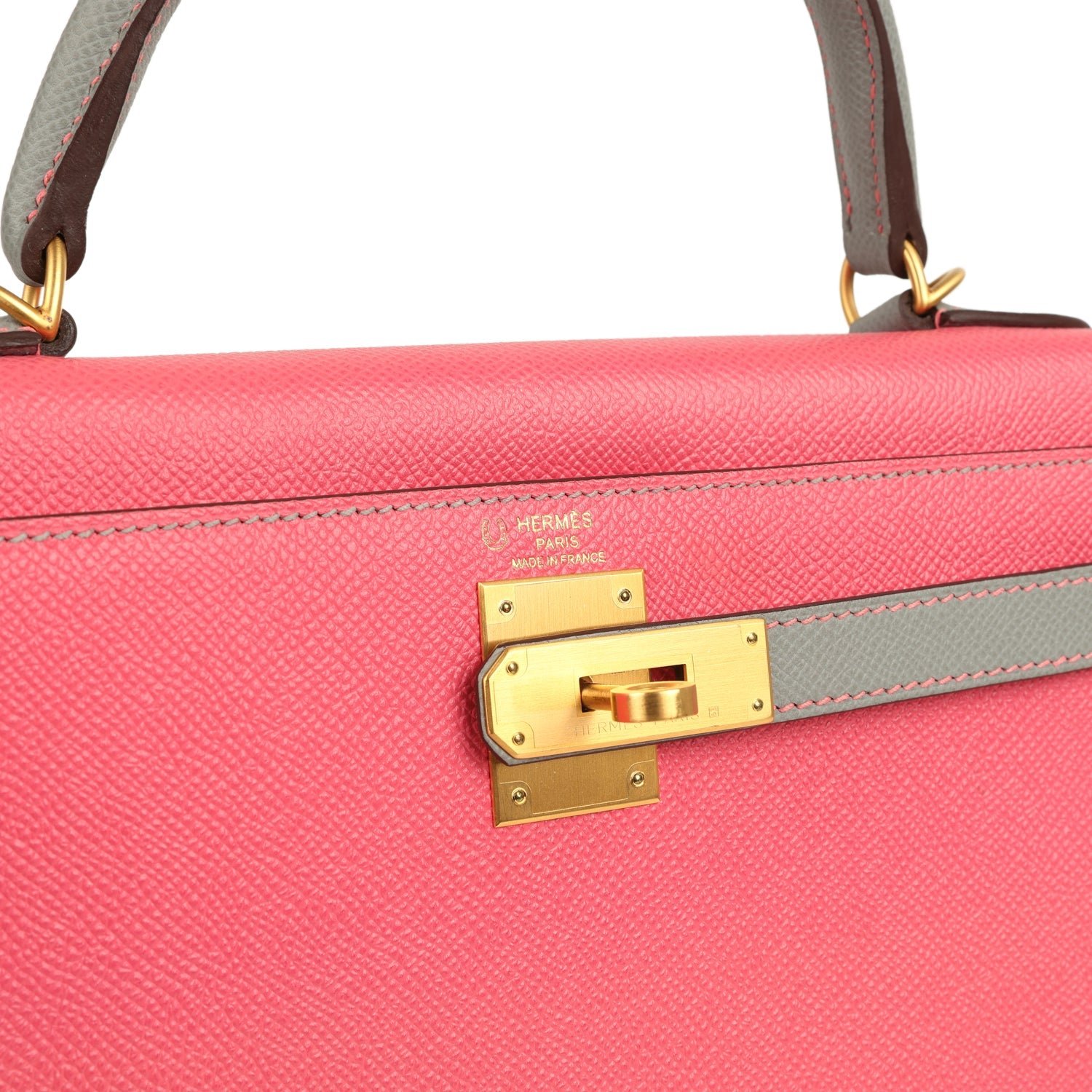 Pre-owned Hermes Special Order (HSS) Kelly Sellier 28 Rose Azalee, Gris Mouette Epsom Brushed Gold Hardware - view 7