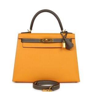 Pre-owned Hermes Special Order (HSS) Kelly Sellier 28 Jaune Ambre, Etoupe Epsom Brushed Gold Hardware