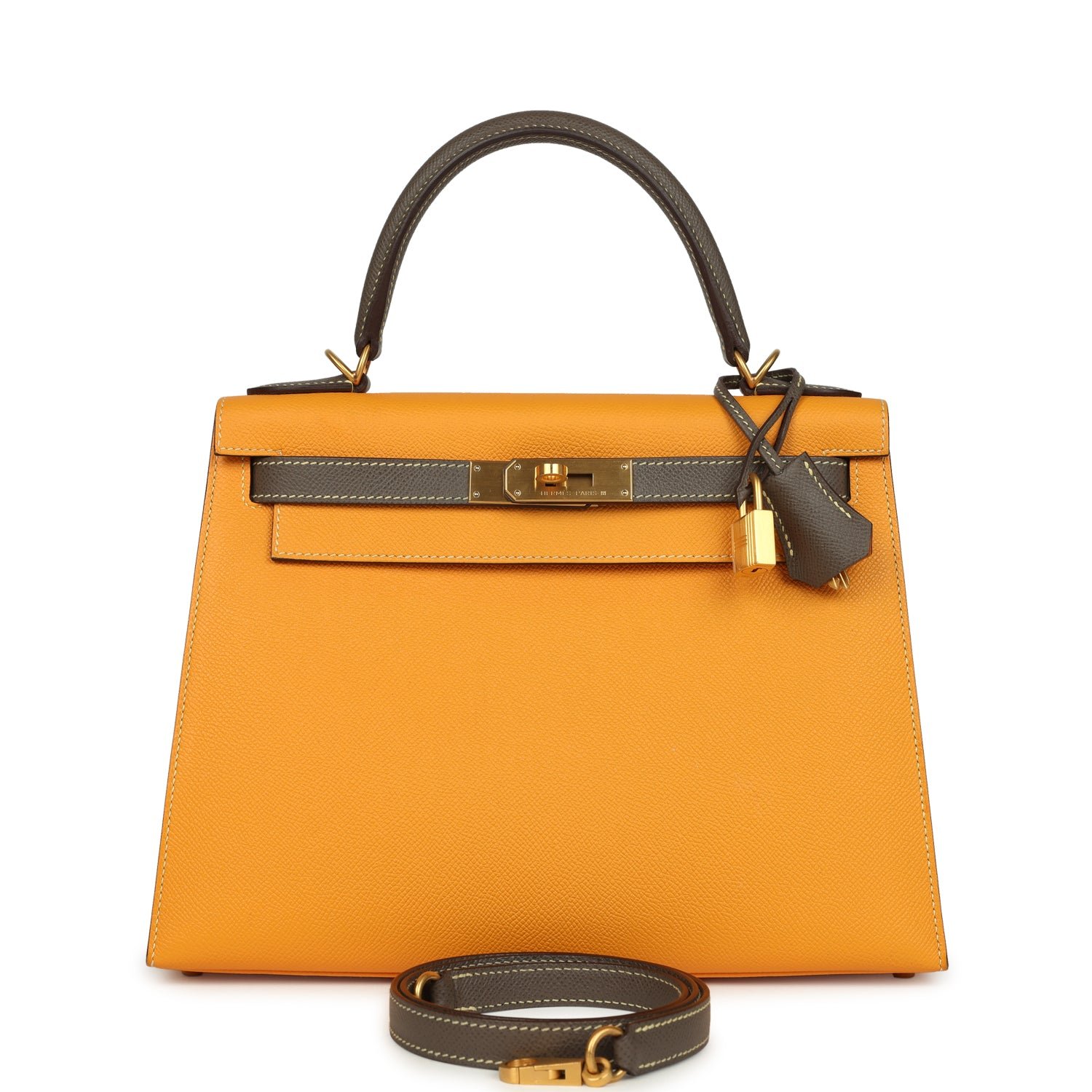 Pre-owned Hermes Special Order (HSS) Kelly Sellier 28 Jaune Ambre, Etoupe Epsom Brushed Gold Hardware