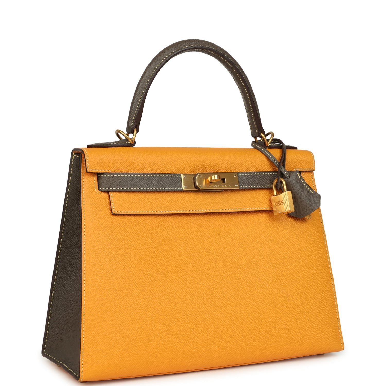 Pre-owned Hermes Special Order (HSS) Kelly Sellier 28 Jaune Ambre, Etoupe Epsom Brushed Gold Hardware - view 2