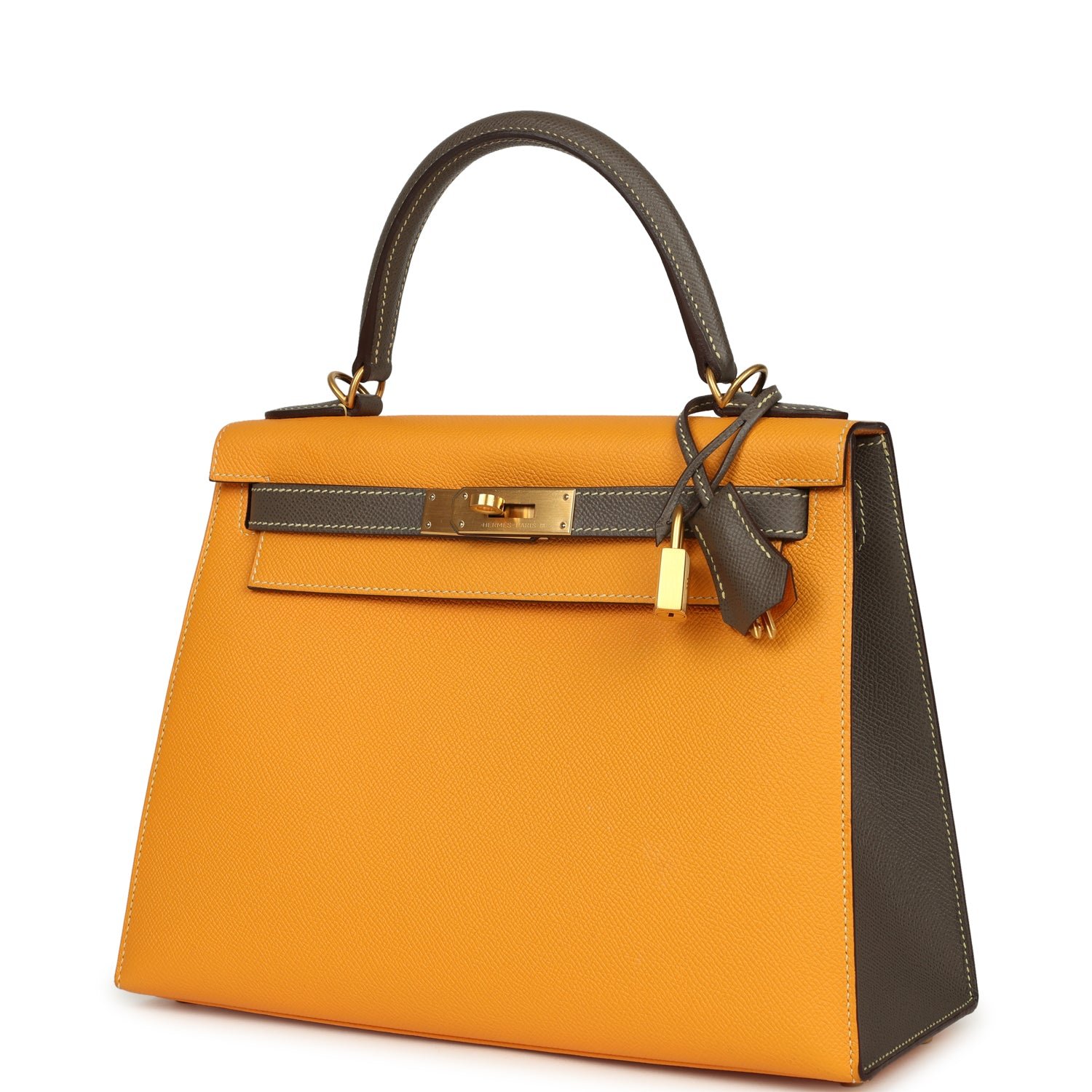 Pre-owned Hermes Special Order (HSS) Kelly Sellier 28 Jaune Ambre, Etoupe Epsom Brushed Gold Hardware - view 5