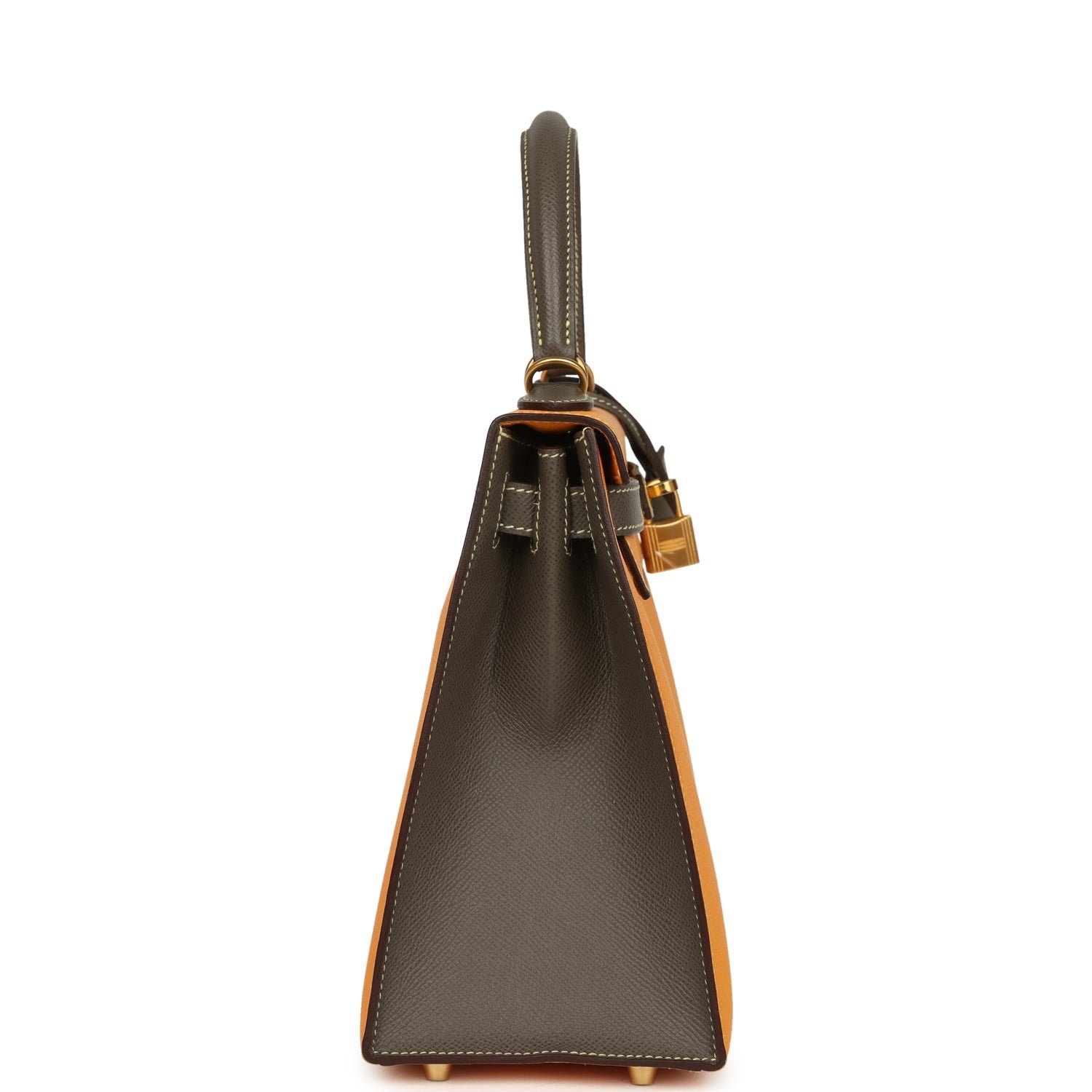 Pre-owned Hermes Special Order (HSS) Kelly Sellier 28 Jaune Ambre, Etoupe Epsom Brushed Gold Hardware - view 3