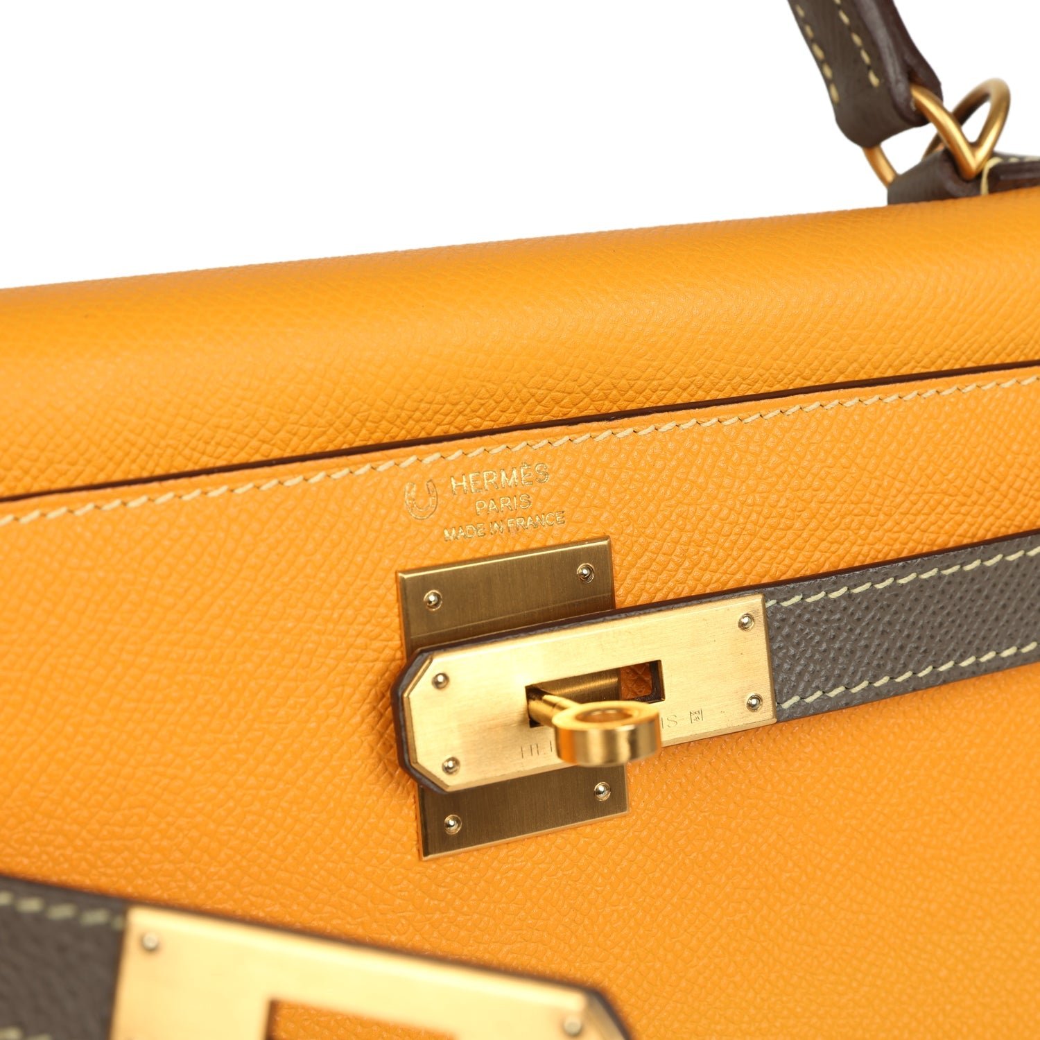 Pre-owned Hermes Special Order (HSS) Kelly Sellier 28 Jaune Ambre, Etoupe Epsom Brushed Gold Hardware - view 7