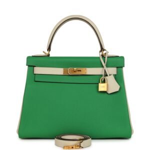 Pre-owned Hermes Special Order (HSS) Kelly Retourne 28 Bambou, Craie Togo Brushed Gold Hardware