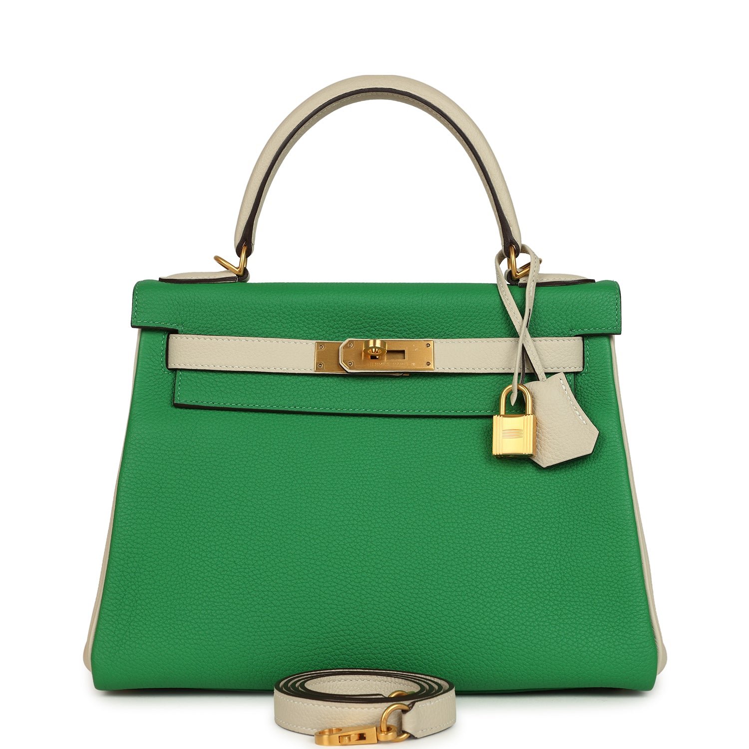 Pre-owned Hermes Special Order (HSS) Kelly Retourne 28 Bambou, Craie Togo Brushed Gold Hardware