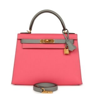 Hermes Special Order (HSS) Kelly Sellier 28 Rose Azalee, Gris Mouette Epsom Brushed Gold Hardware