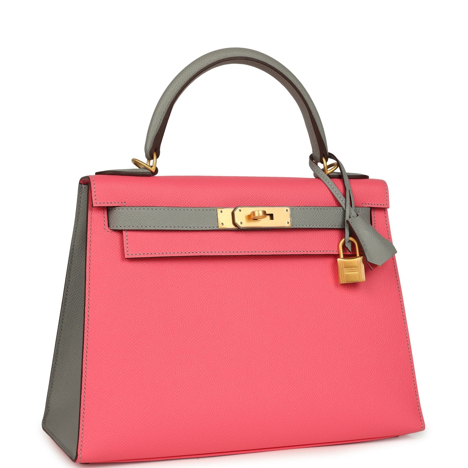 Hermes Special Order (HSS) Kelly Sellier 28 Rose Azalee, Gris Mouette Epsom Brushed Gold Hardware - view 2